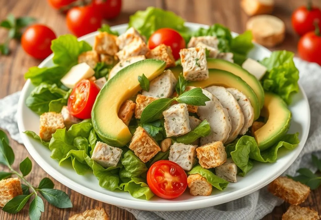 A fresh turkey and avocado salad with cherry tomatoes and croutons