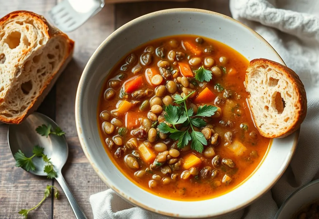 A warm and comforting bowl of lentil soup with crusty bread