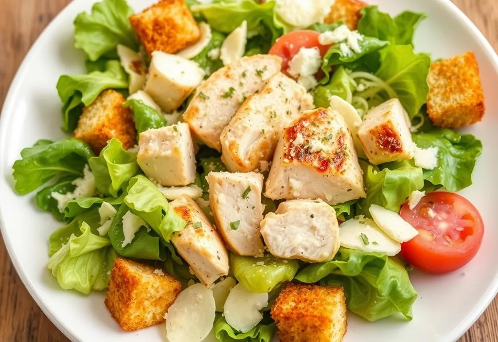 A classic chicken Caesar salad with parmesan cheese and croutons