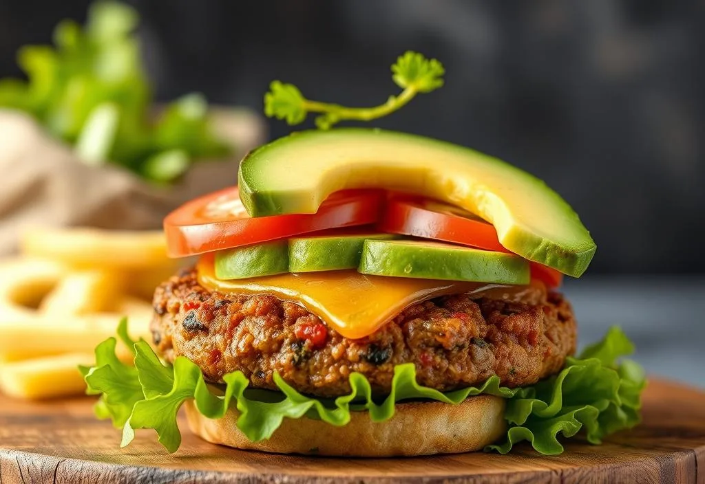 A juicy veggie burger with avocado, lettuce, and tomato