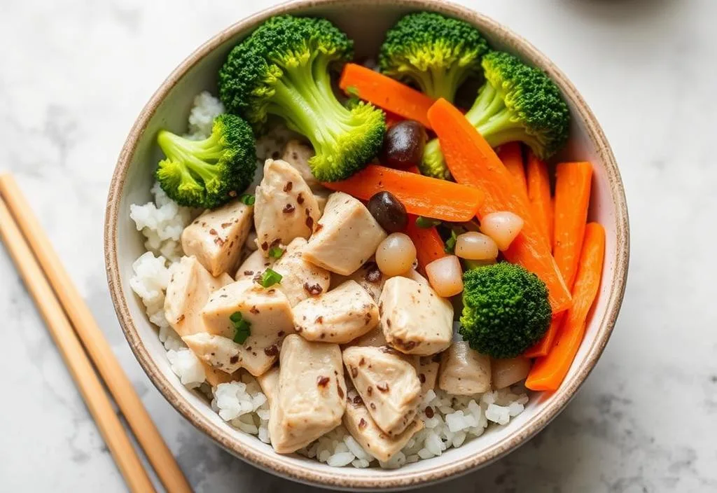 A simple chicken and rice bowl with steamed broccoli and carrots