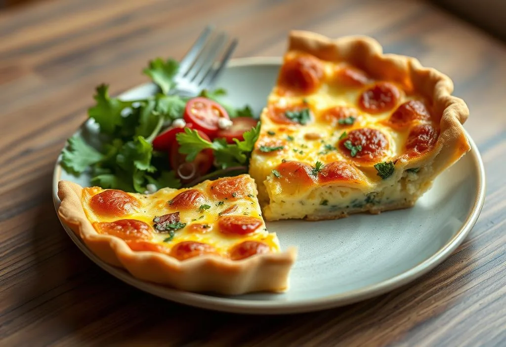 A golden-brown quiche Lorraine with a side salad