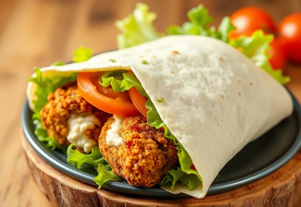 A crispy falafel wrap with hummus, lettuce, and tomato