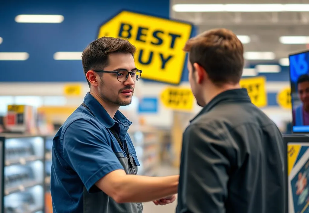 A photo of a sales associate helping a customer in a Best Buy store