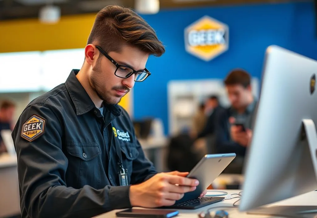 A photo of a Geek Squad agent working on a customer's device