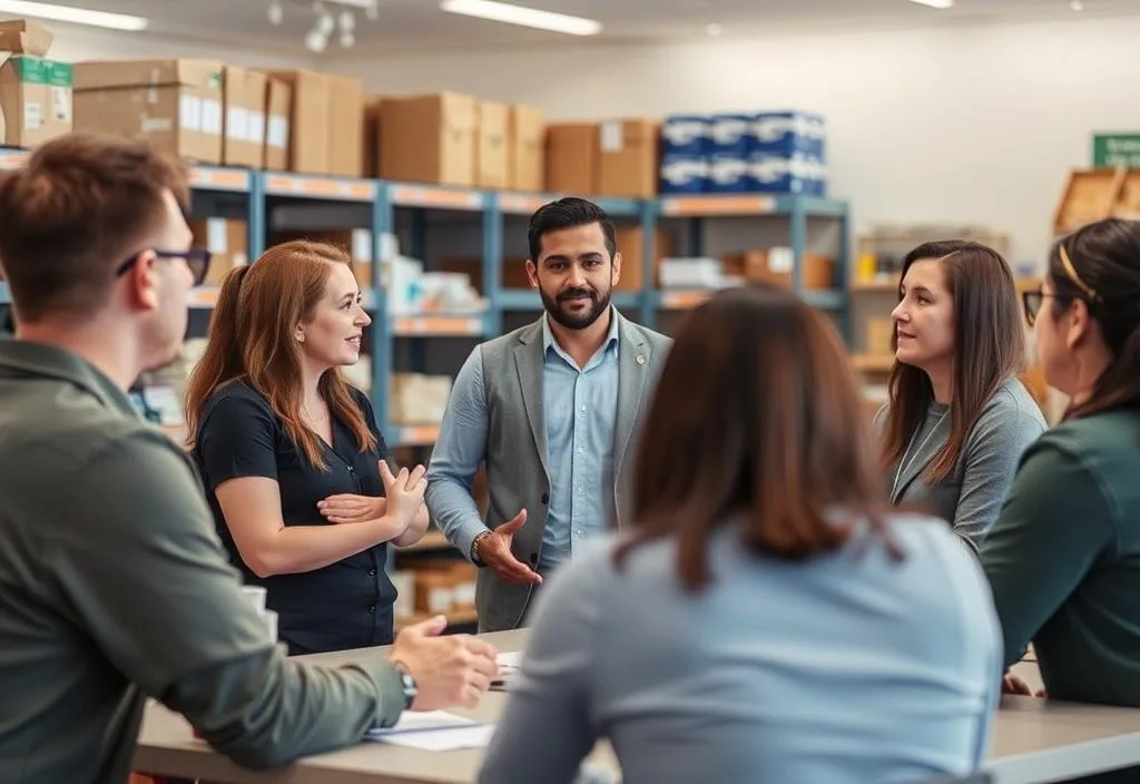 A photo of a store manager leading a team meeting