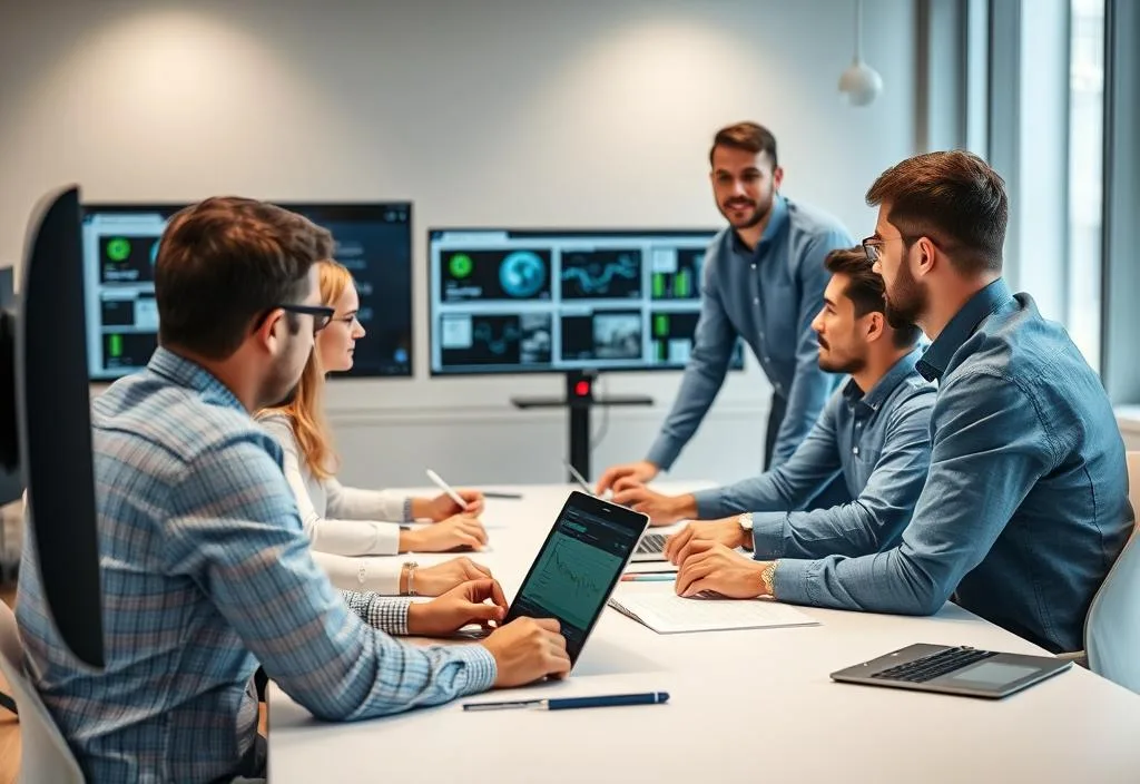 A photo of an IT project manager leading a team meeting