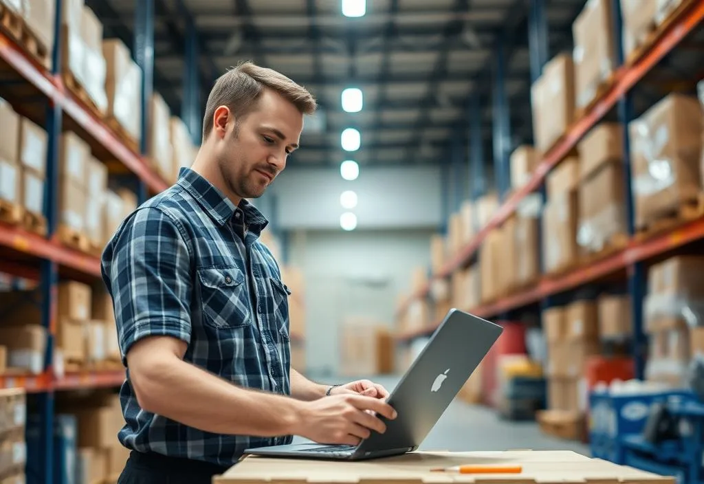 A photo of a supply chain manager working in a warehouse