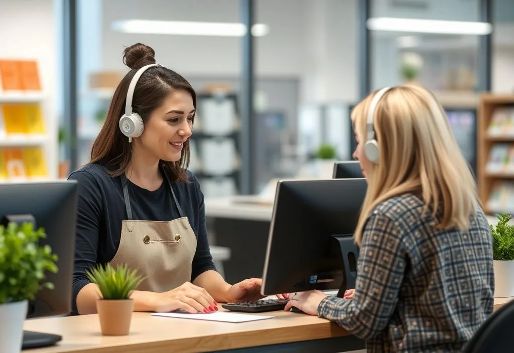 A photo of a customer service representative helping a customer