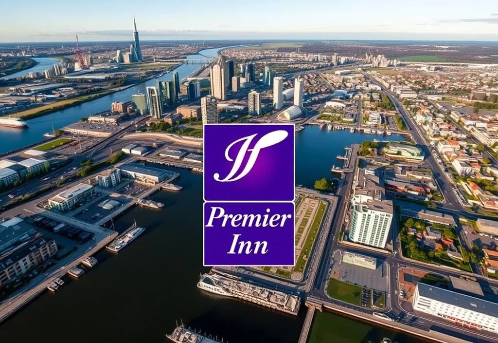 Aerial view of the Docklands area with the Premier Inn logo