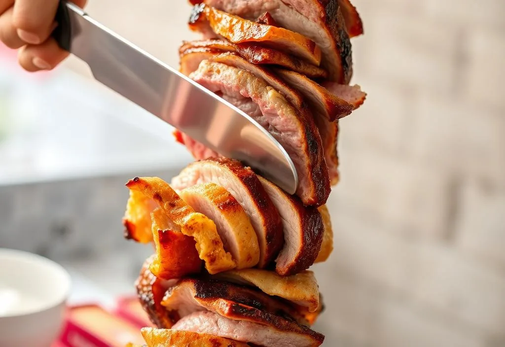 A doner kebab being sliced from a vertical spit