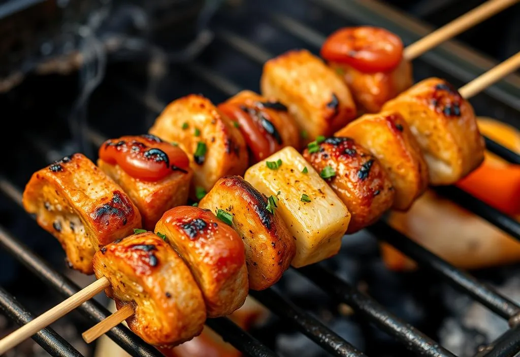 A souvlaki kebab being grilled on a skewer