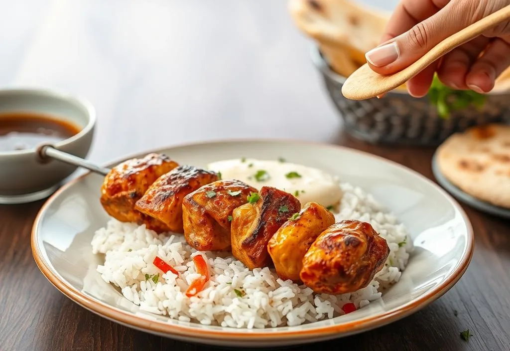 A chicken tikka kebab being served with basmati rice and naan bread