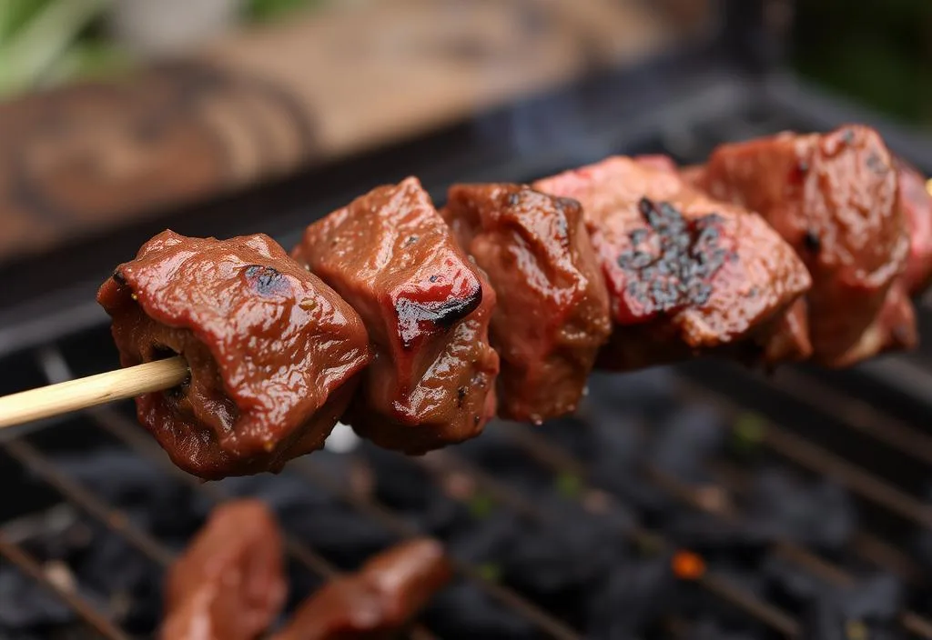 A beef kebab being cooked on a skewer