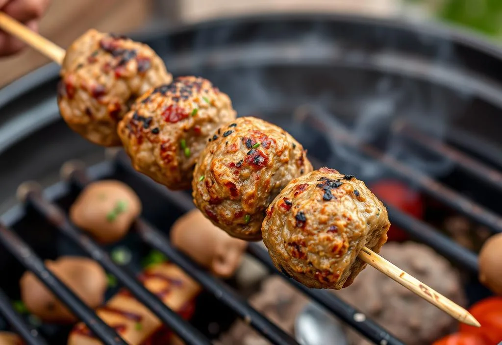 A lamb kofta kebab being grilled on a skewer