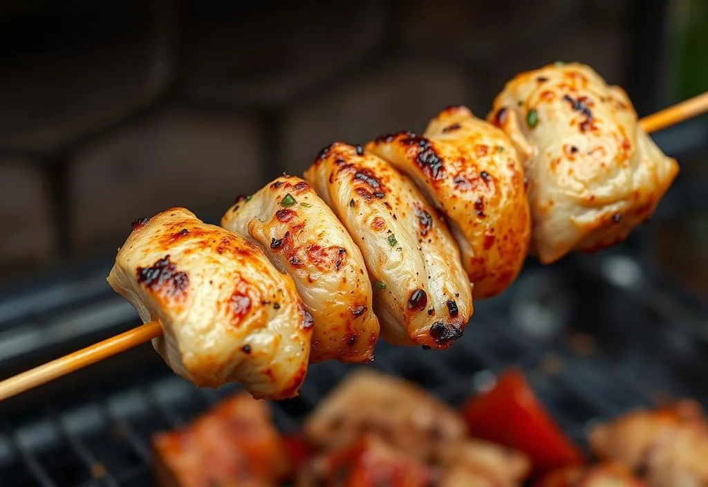 A chicken kebab being cooked on a skewer