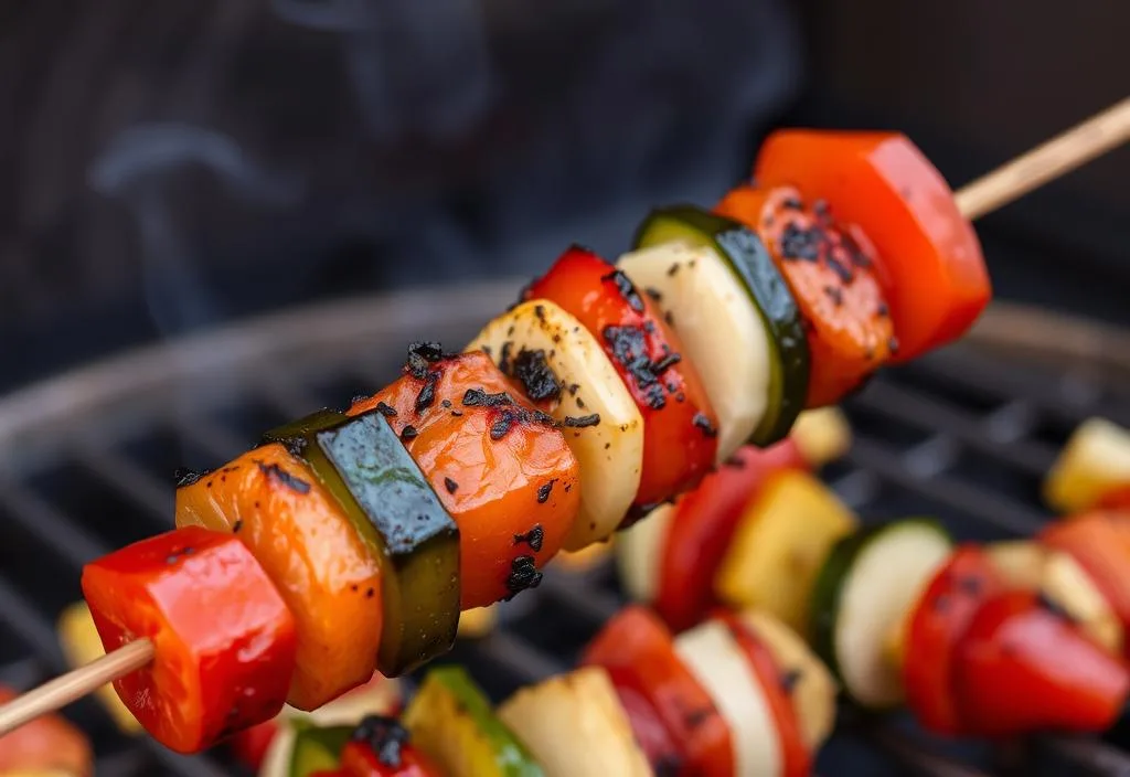 A vegetable kebab being grilled on a skewer