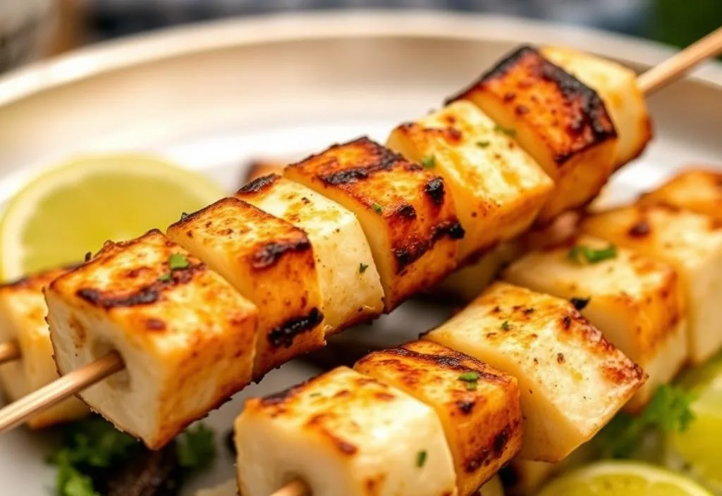 A halloumi kebab being grilled on a skewer