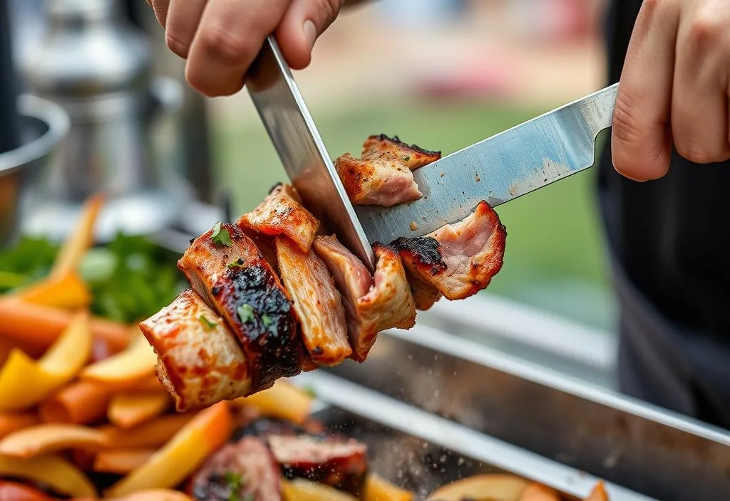 A gyro kebab being sliced from a vertical spit