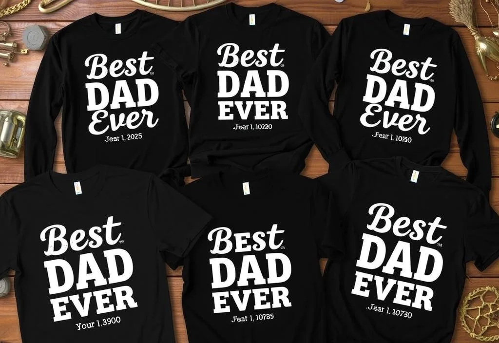 A collection of custom 'Best Dad Ever' shirts with personalized sayings.