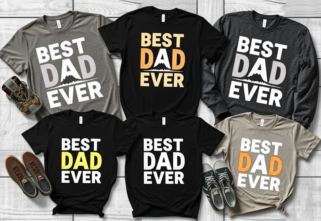 A collection of 'Best Dad Ever' shirts for outdoor activities such as hiking and camping.