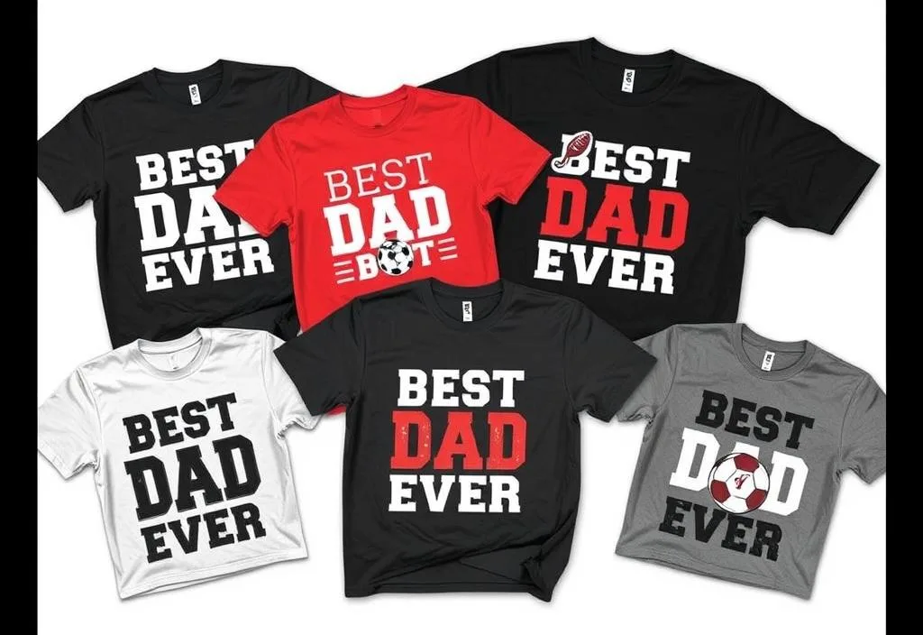 A collection of 'Best Dad Ever' shirts for sports fans such as soccer and football.