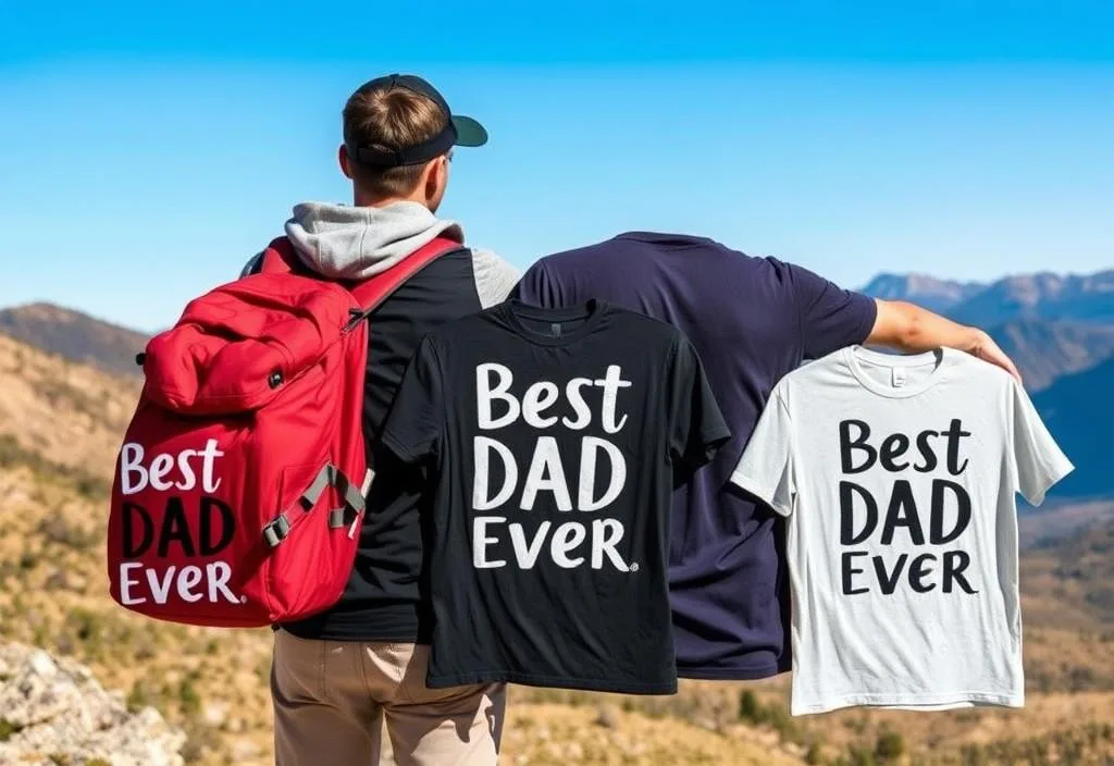 A collection of 'Best Dad Ever' shirts for travelers such as backpackers and tourists.