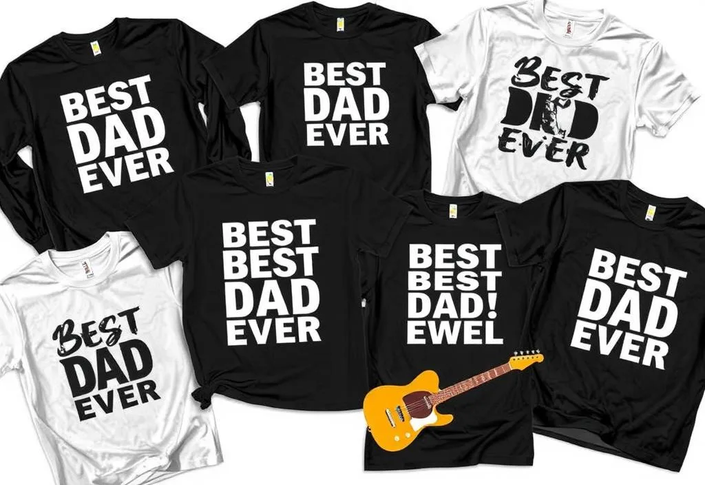 A collection of 'Best Dad Ever' shirts for music lovers such as guitarists and music enthusiasts.