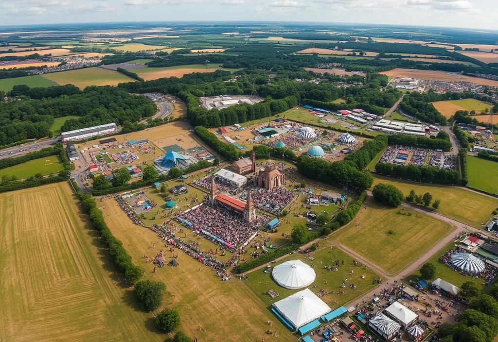 Aerial view of Glastonbury Festival grounds