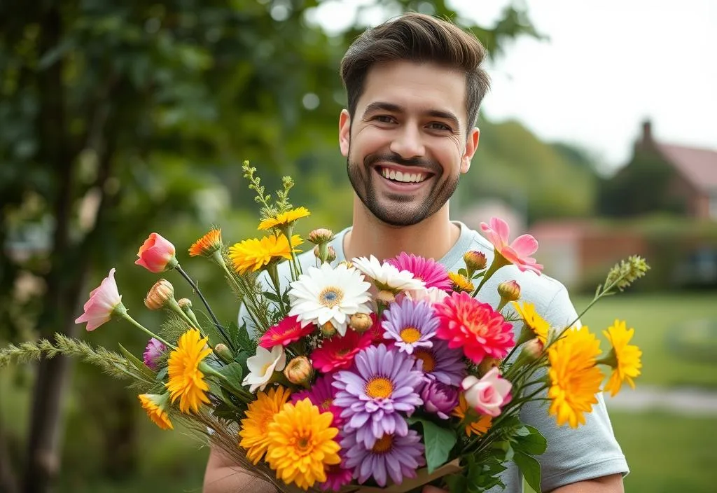 A man smiling and holding a bouquet of flowers