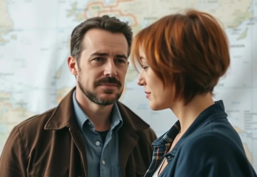 A man looking at a woman with a map in the background