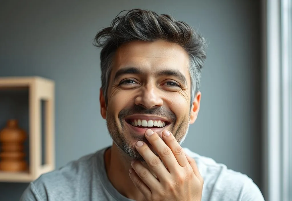 A man smiling and holding his jaw