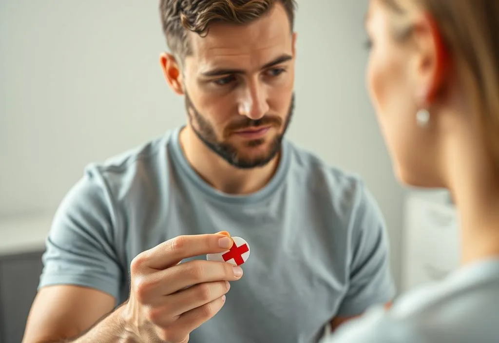 A man holding a Band-Aid and looking at a woman