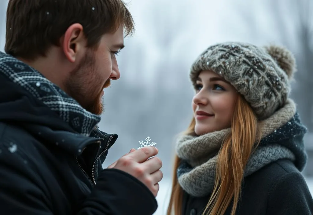 A man holding a snowflake and looking at a woman