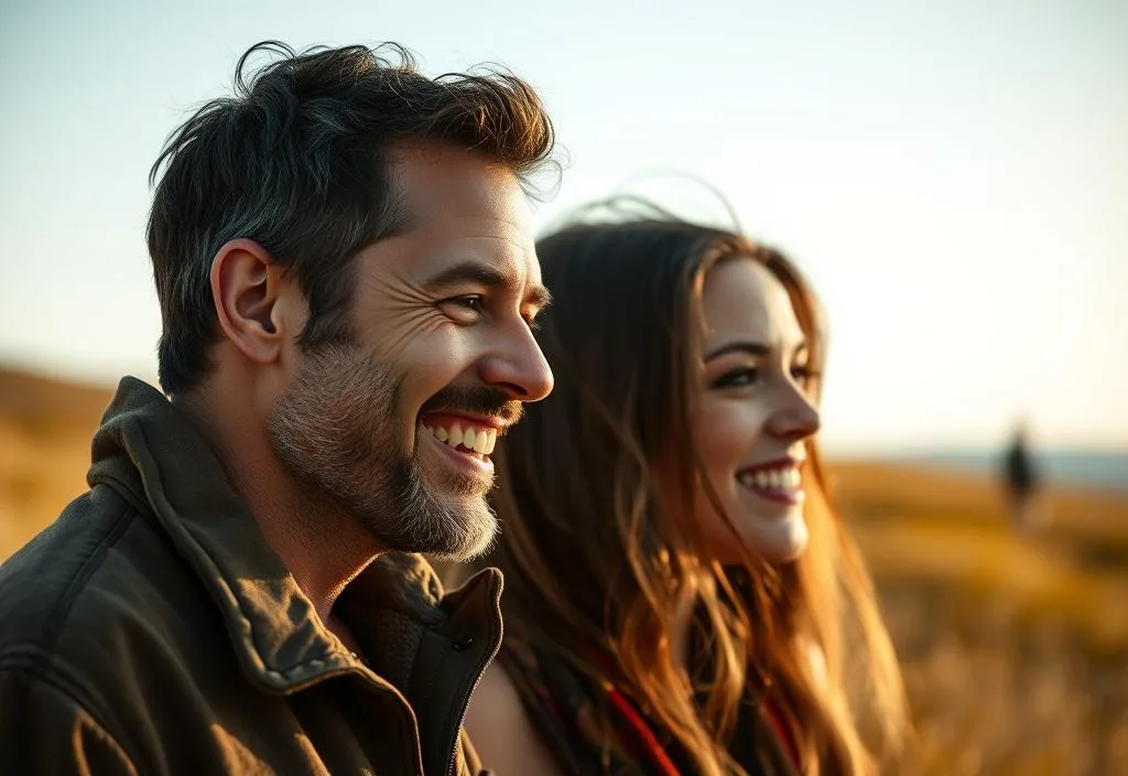 A man smiling and looking at a woman