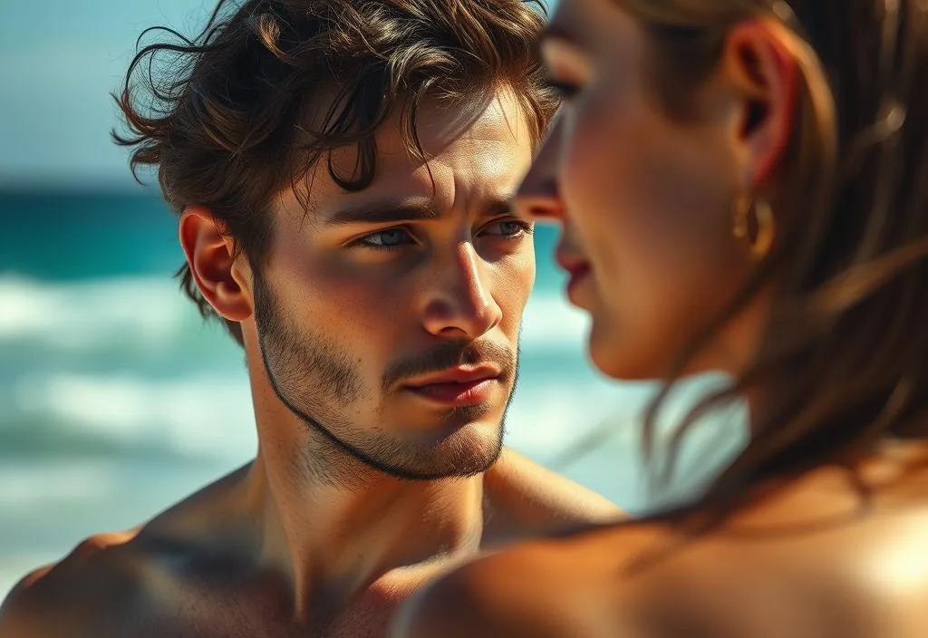 A man looking at a woman with a sunburned background