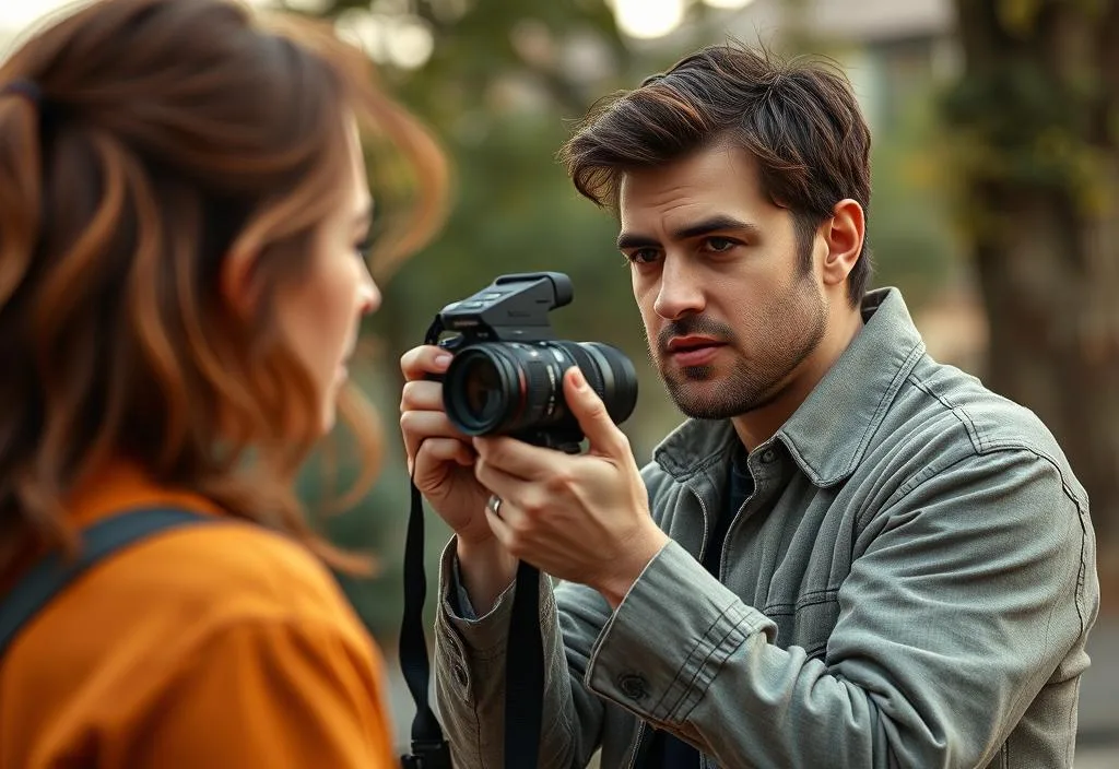 A man holding a camera and looking at a woman