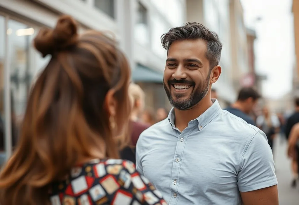 A man smiling and looking at a woman