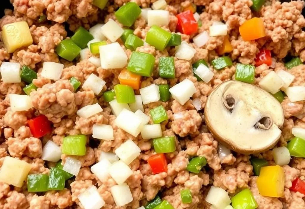 A close-up shot of the meatloaf mixture with chopped onions, bell peppers, and mushrooms.