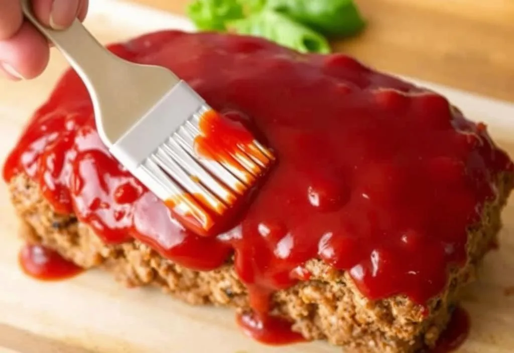 A shot of the tomato glaze being brushed over the meatloaf.