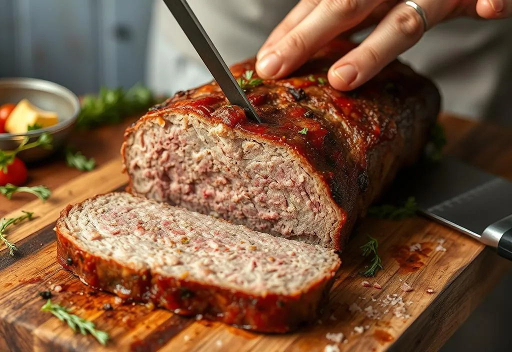 A shot of the rested meatloaf being sliced.