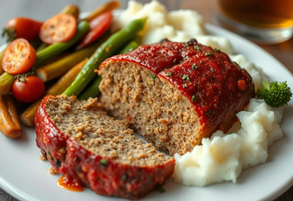 A shot of the finished meatloaf with a side of mashed potatoes and steamed vegetables.