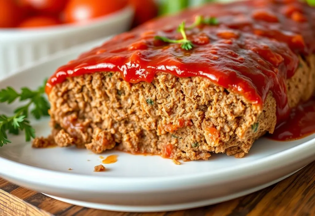 A mouthwatering image of a perfectly baked meatloaf with a rich tomato glaze.