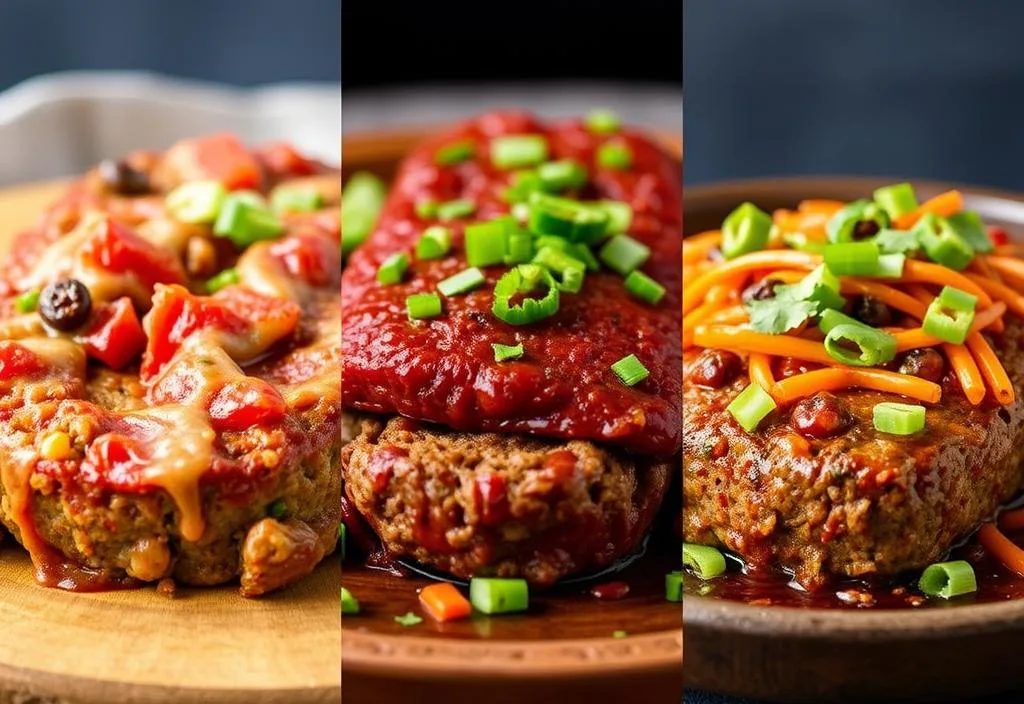 A shot of different meatloaf variations, such as Italian-style, BBQ-style, and Mexican-style.