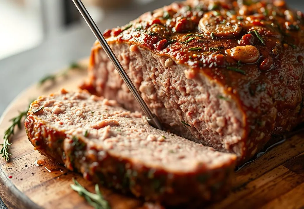 A shot of a meat thermometer being inserted into the meatloaf.