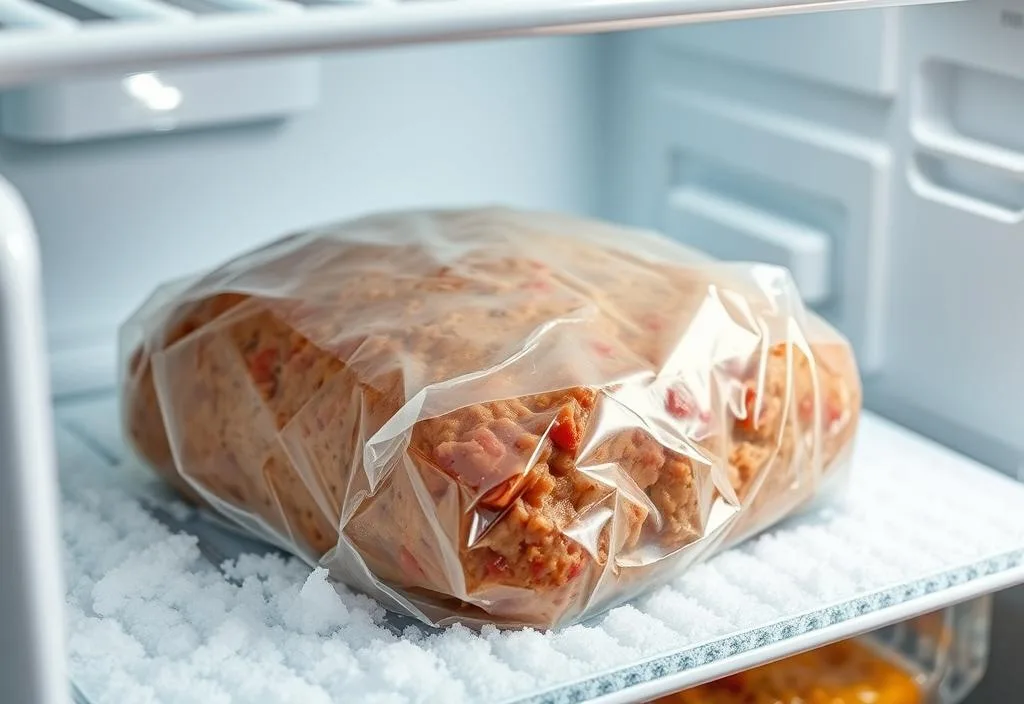 A shot of the frozen meatloaf being thawed in the refrigerator.