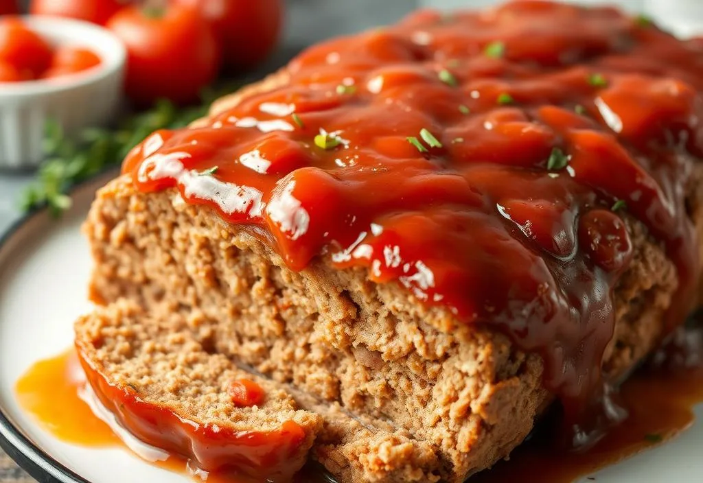 A mouthwatering image of a perfectly baked meatloaf with a rich tomato glaze.