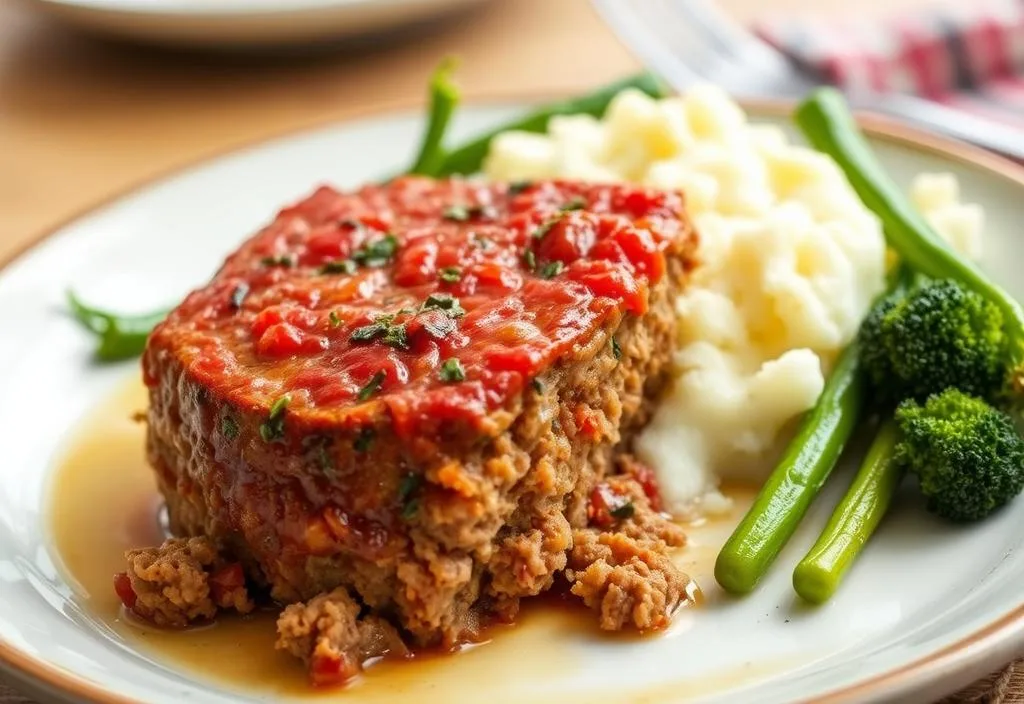 A shot of the finished meatloaf with a side of mashed potatoes and steamed vegetables.