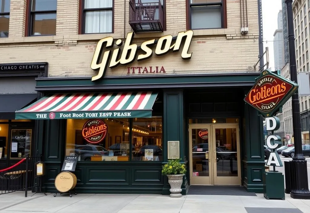 A photo of the exterior of Gibsons Italia, with a classic Chicago backdrop and a vintage sign