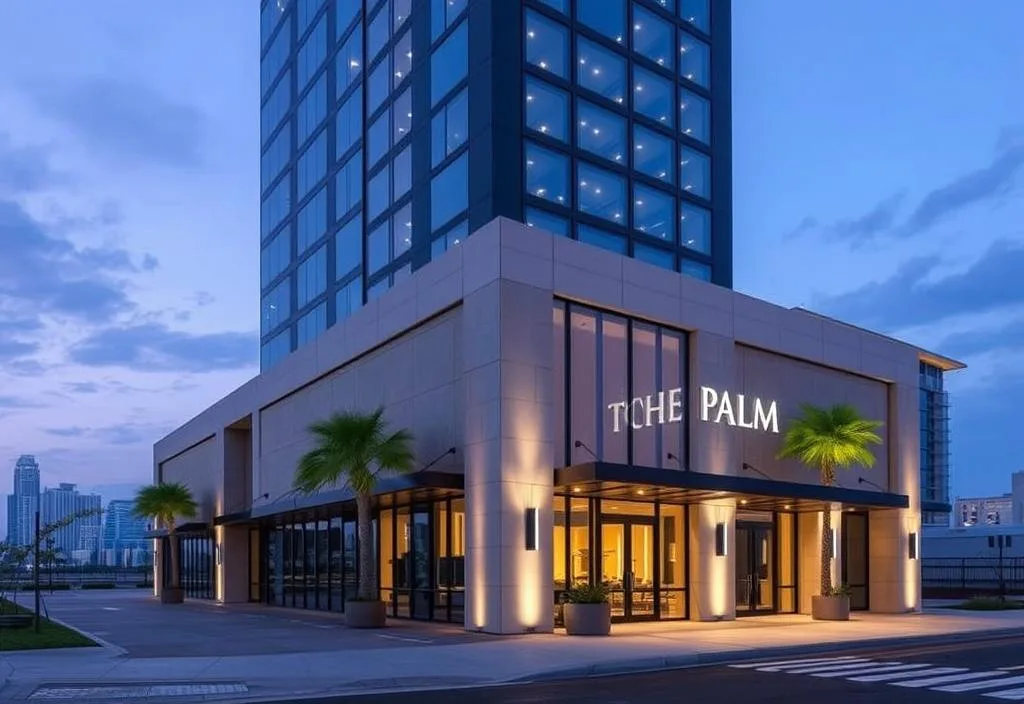 A photo of the exterior of The Palm, with a sleek and modern design and a city backdrop